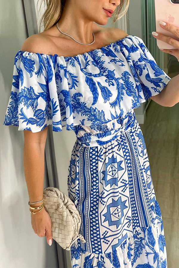 Irene Print Off the Shoulder Belted Ruffle Maxi Dress