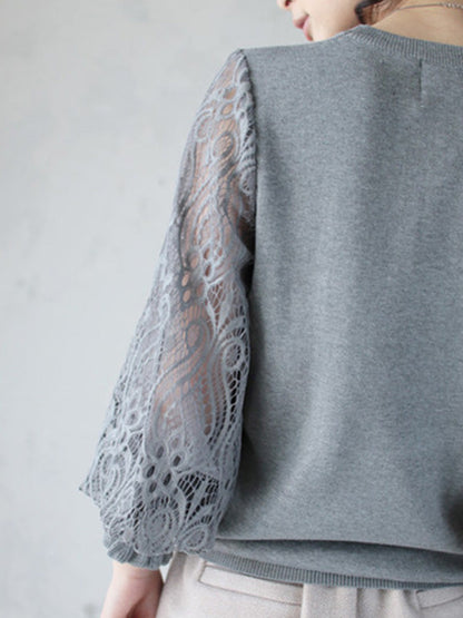 Tempermant Black Round-neck Patchwork Hollow Lace Long Puff Sleeves Sweater Qx011