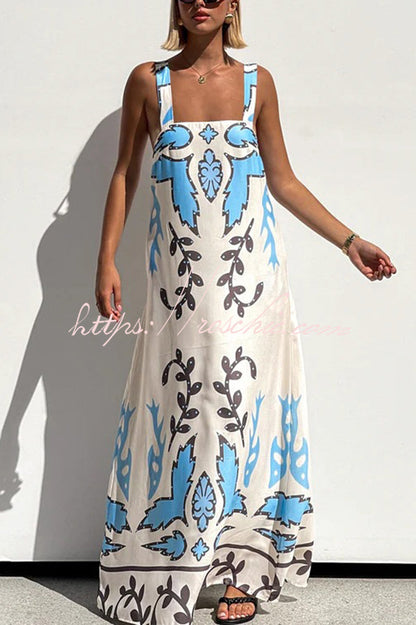 Unique Print Square Neck Open Back Lace-up Loose Maxi Dress