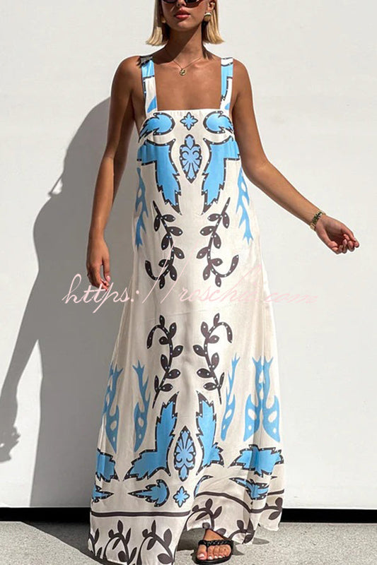 Unique Print Square Neck Open Back Lace-up Loose Maxi Dress