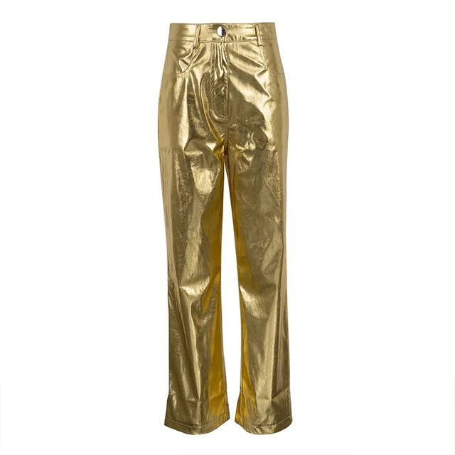 Silver Pu Pants High Waist Loose Wide Leg Pants Clubwear Party Femme Long Pant Autumn