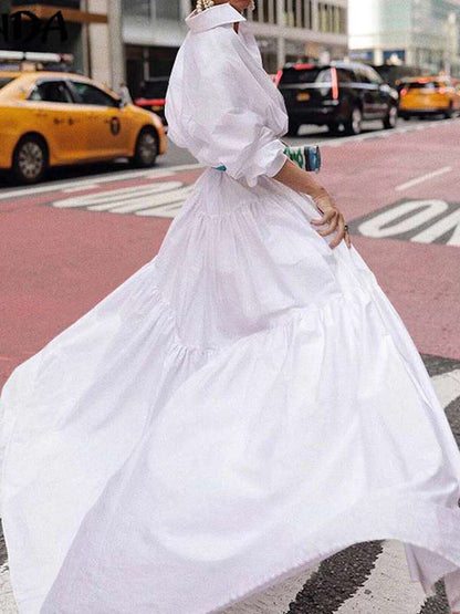 Long Sleeves Loose Belted Pleated Color Lapel Maxi Dresses