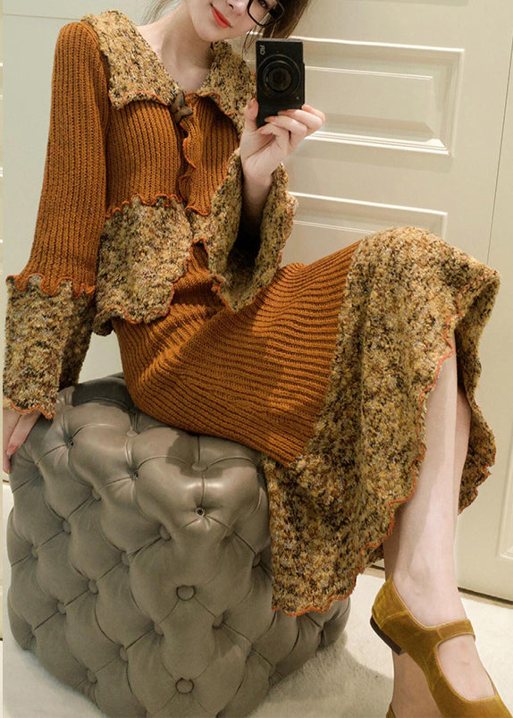 French Peter Pan Collar Print Patchwork Cotton Knit Cardigans and Maxi Skirts Two Pieces Set Fall Wv023