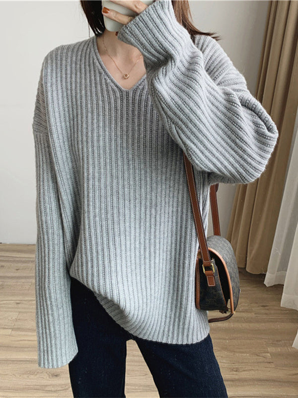 Caramel V-neck Long Sleeves Striped Knit Sweater Qx001