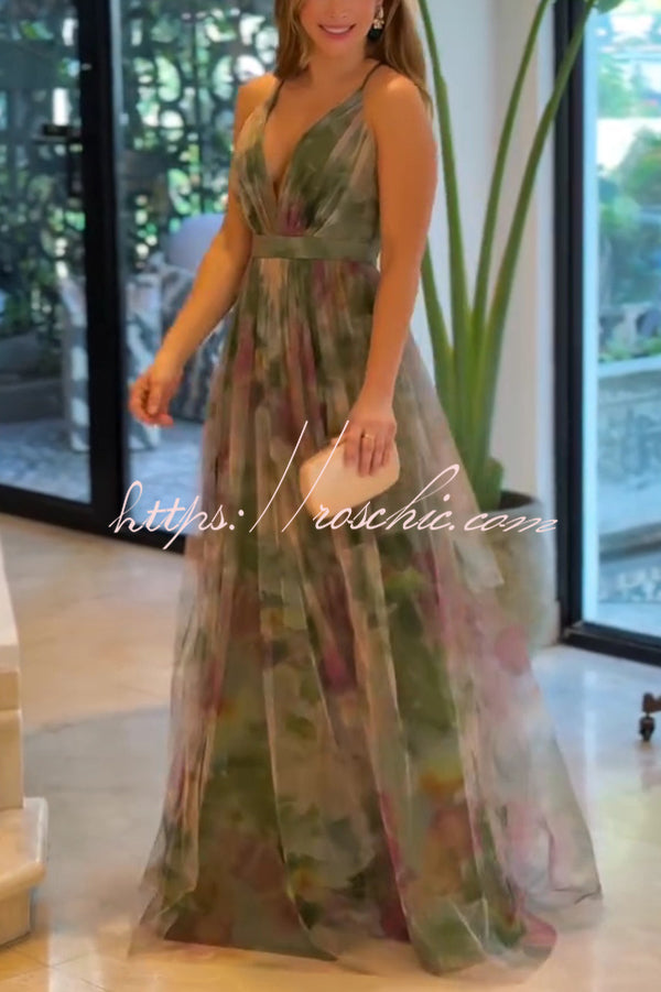 Kerrie Tulle Render Print Cross Back Straps Maxi Dress