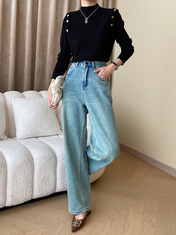 Grey High-neck Buttoned Decor Long Sleeve Knit Sweater An1050