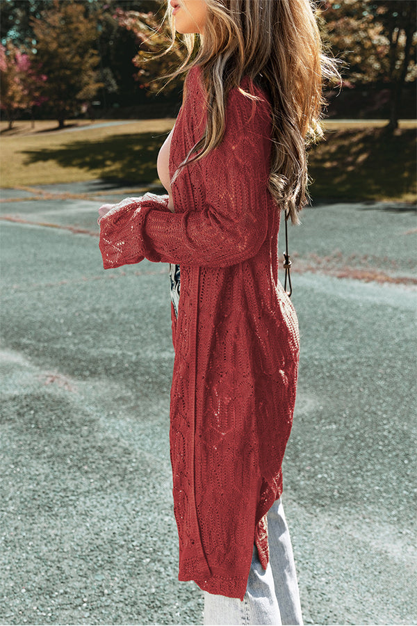 Knit Hollow Out Open Front Long Cardigan