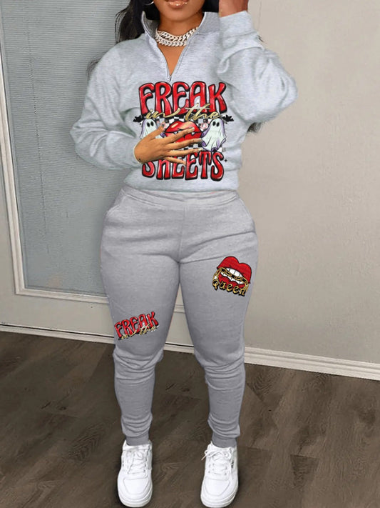 Letter Print Zipper Design Pants Set At9021