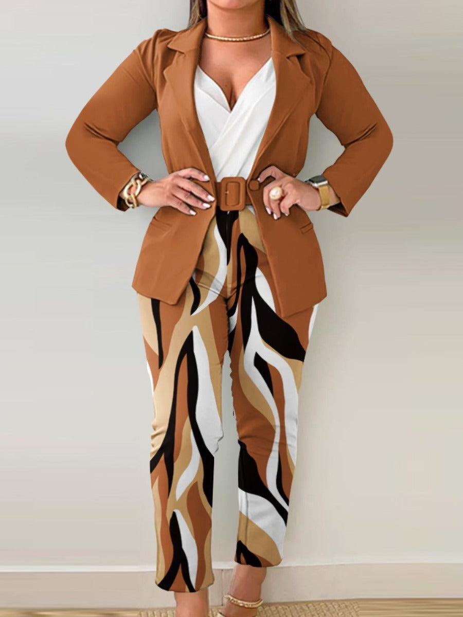 Leopard Print Belt Design Blazer Pants Set Ac204