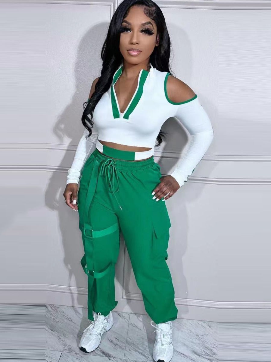 Cut Out Drawstring Side Pocket Pants Set Bo5054