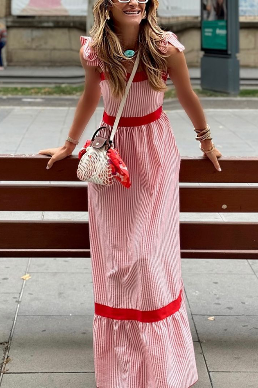 Red and White Vertical Striped Bow Strap Long Dress