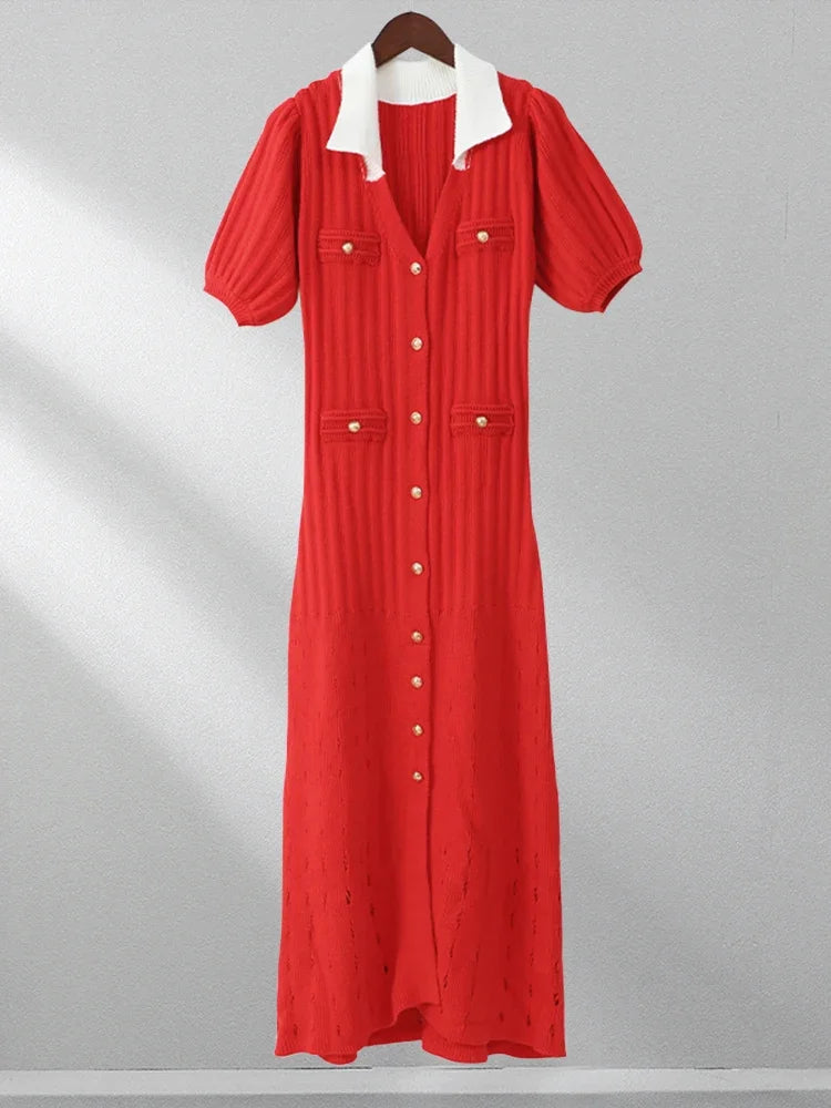 V-neck Knit Contrast Long Dress Hollow Out Lapel High Waist Party Dress Knitwear Maxi Dress