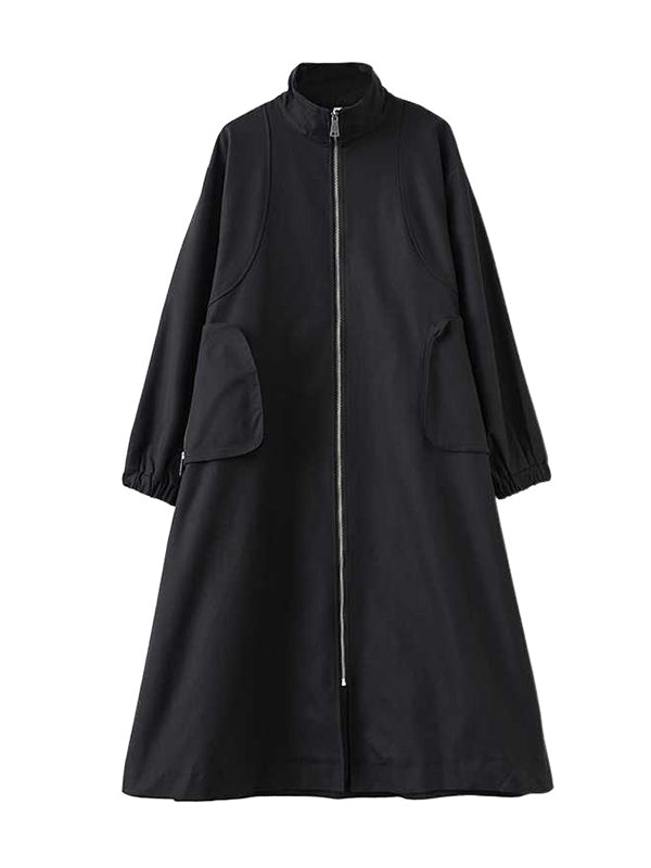 Retro Khaki High Neck Pockets Zip-up Long Sleeve Trench Coat Tw005