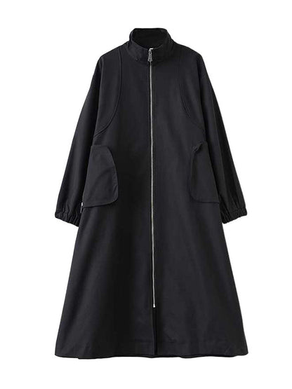 Retro Khaki High Neck Pockets Zip-up Long Sleeve Trench Coat Tw005