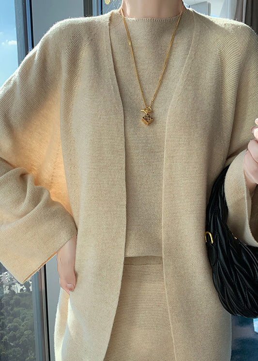 Natural Light Camel V Neck Woolen Cardigan Waistcoat and Wide Leg Pants Three Piece Set Fall Wv030