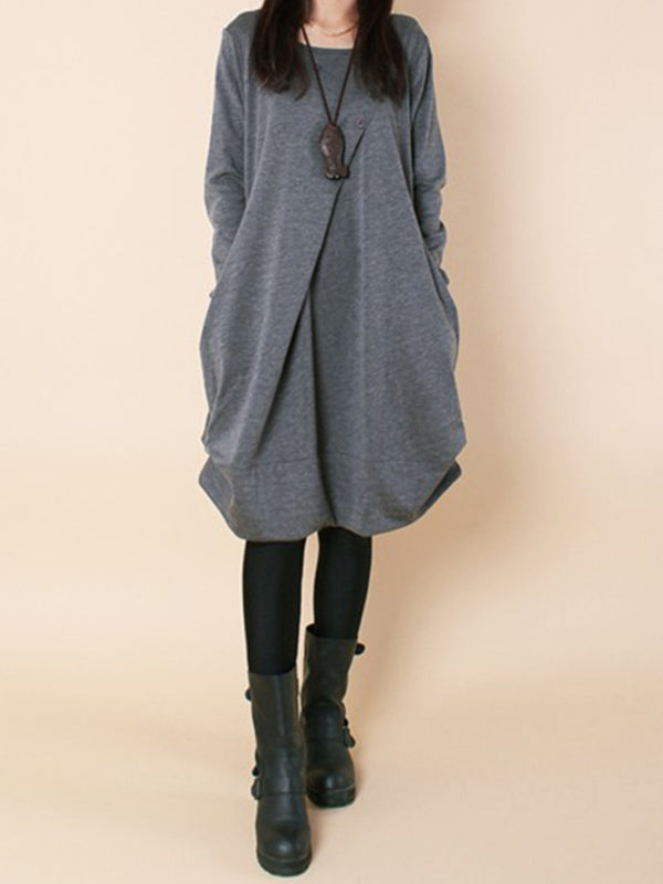 A-line Long Sleeves Pleated Color Round-neck Dresses Maxi Dresses