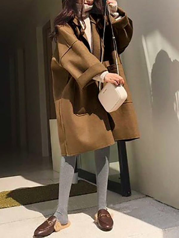 Loose Khaki Notched Collar Buttoned Pockets Long Sleeves Woolen Coat Ws013