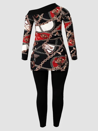 Chain Print Side Split Pants Set for Bateau Neck Long Sleeve Two Pieces Matching Suits Outfit