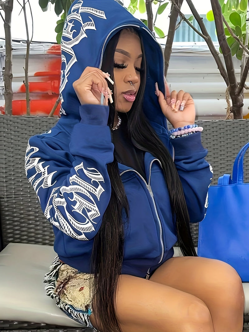 Letter Print Long Sleeve Zip Up Hoodies Rg2041
