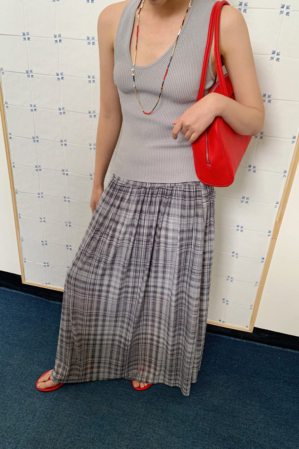 High-waisted A-line Mesh Plaid Maxi Skirt