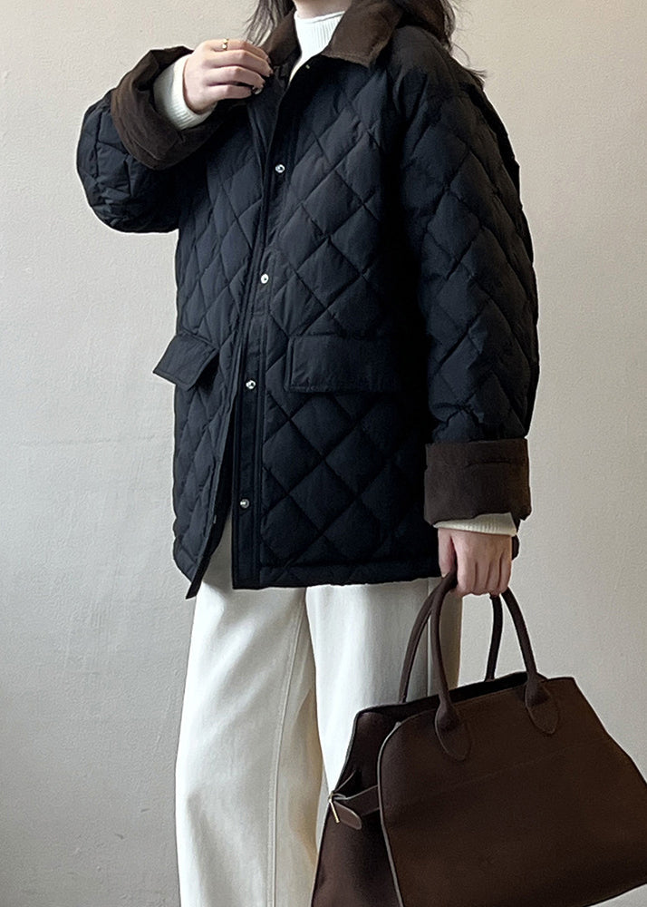 Black Pockets Corduroy Duck Down Puffer Coat Peter Pan Collar Winter Af1045