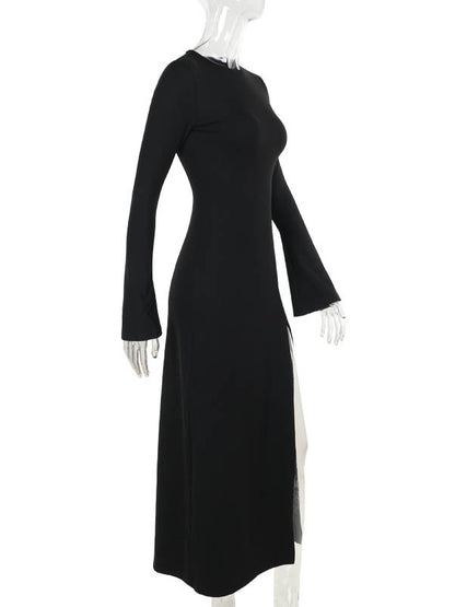 Long Sleeves Loose Asymmetric Color Split-joint Split-side Round-neck Maxi Dresses