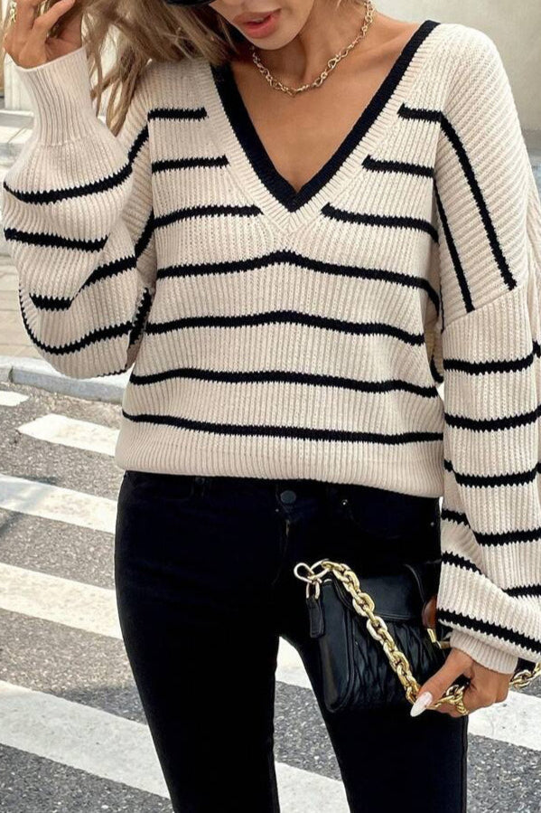 Striped V Neck Back Bow Long Sleeve Knit Sweater