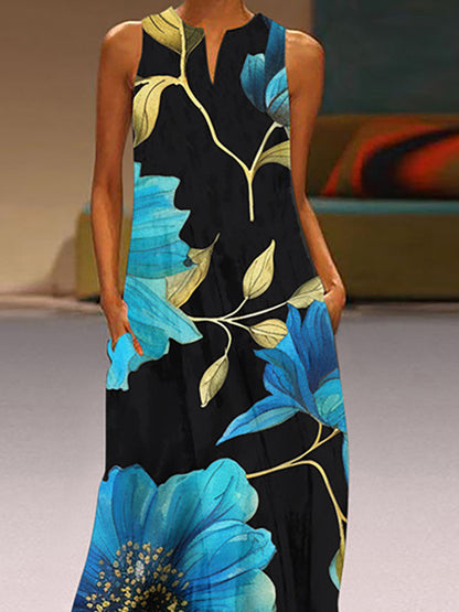 A-line Loose Flower Print Pockets V-neck Maxi Dresses