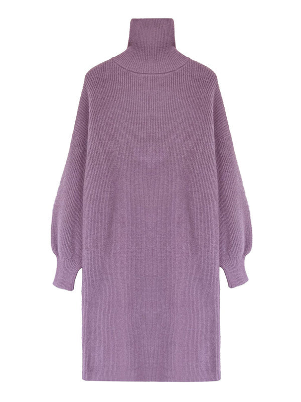 Urban Loose Purple High-neck Long Puff Sleeve Sweater Dress An1052