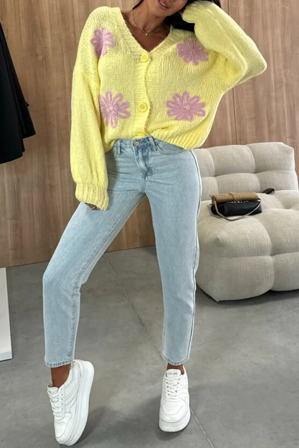 Embroidered V-neck Long-sleeved Button-knit Cardigan