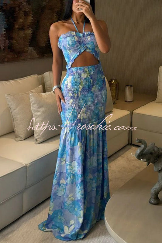 Vivica Smocked Cutout Halter Fishtail Stretch Maxi Dress