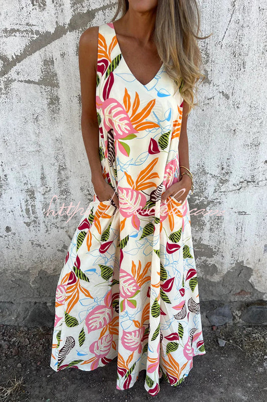 Botanical Print V-neck Pocket Loose Maxi Dress