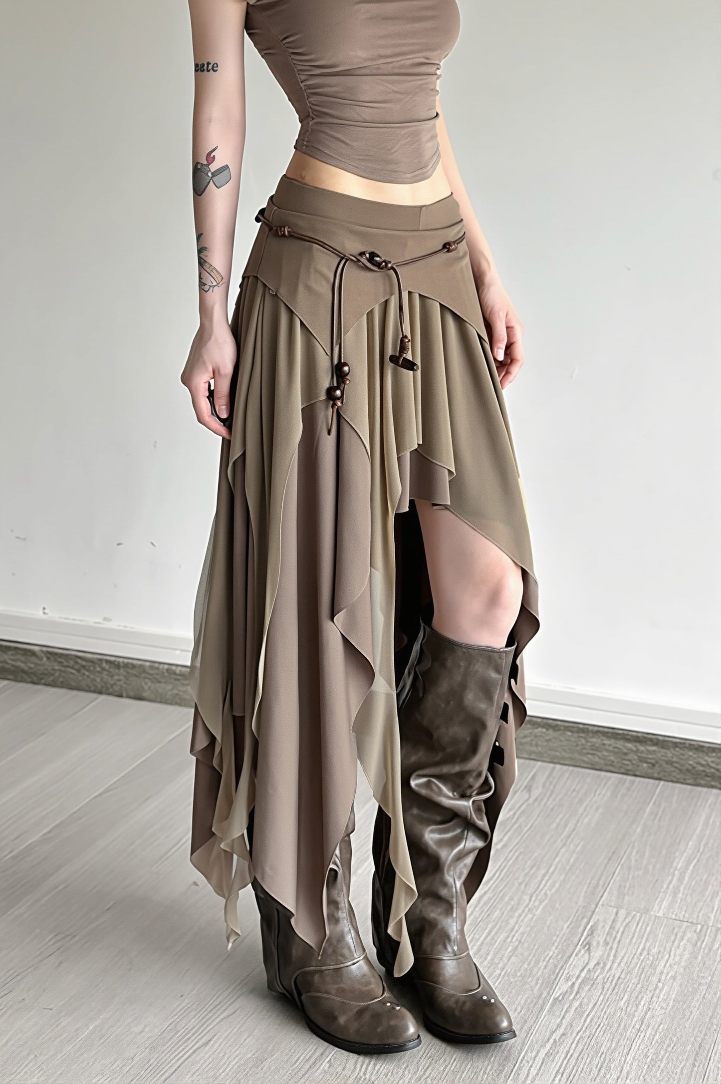 High Waist Irregular Layered Split Skirt