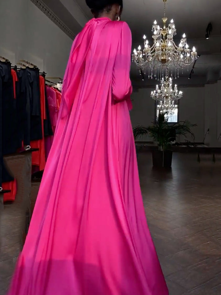 Flared Sleeves Long Sleeves Color High-neck Maxi Dresses