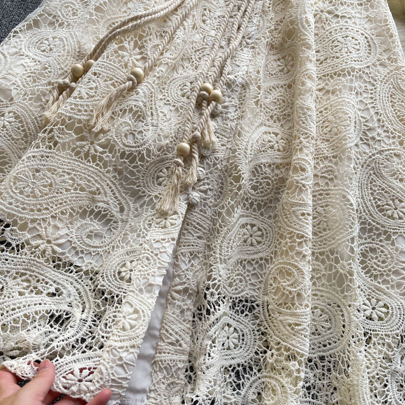 Apricot Cashew Flower Lace Embroidery Single Breasted Lantern Sleeve Midi Dress