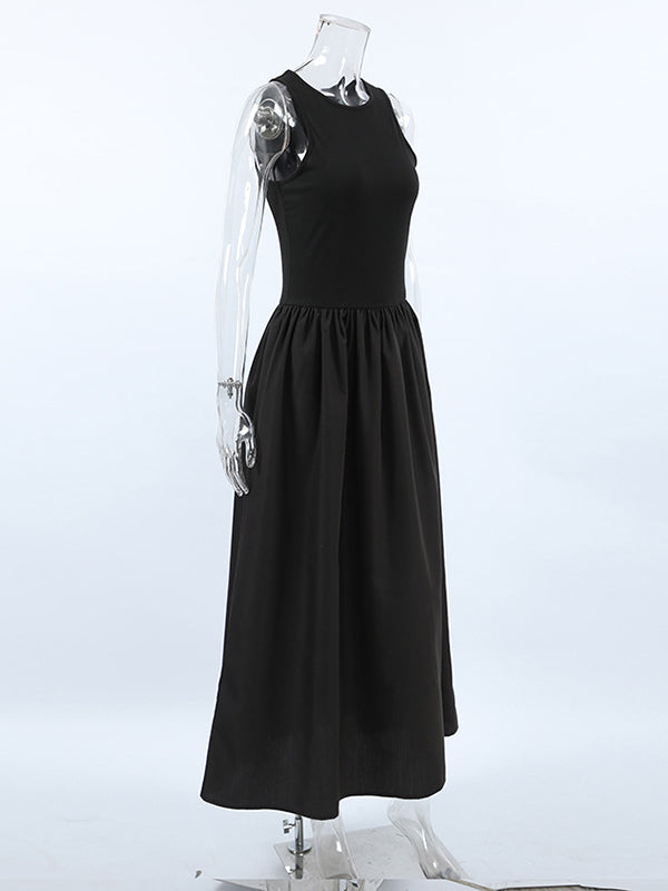 A-line Sleeveless Color Split-joint Round-neck Maxi Dresses