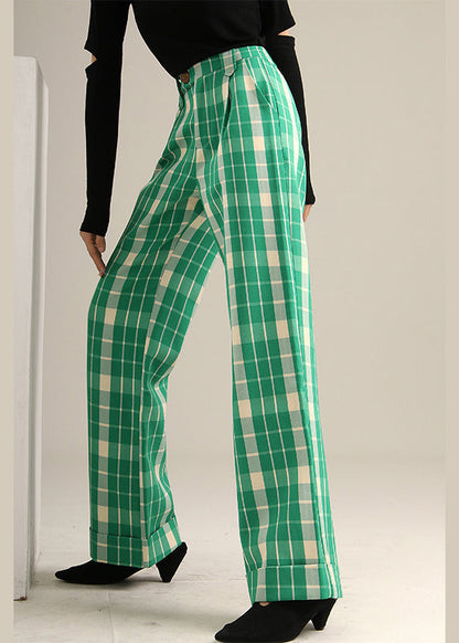 Green Plaid High Waist Straight Pants Spring Tt1019