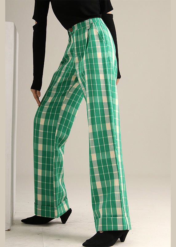 Green Plaid High Waist Straight Pants Spring Tt1019