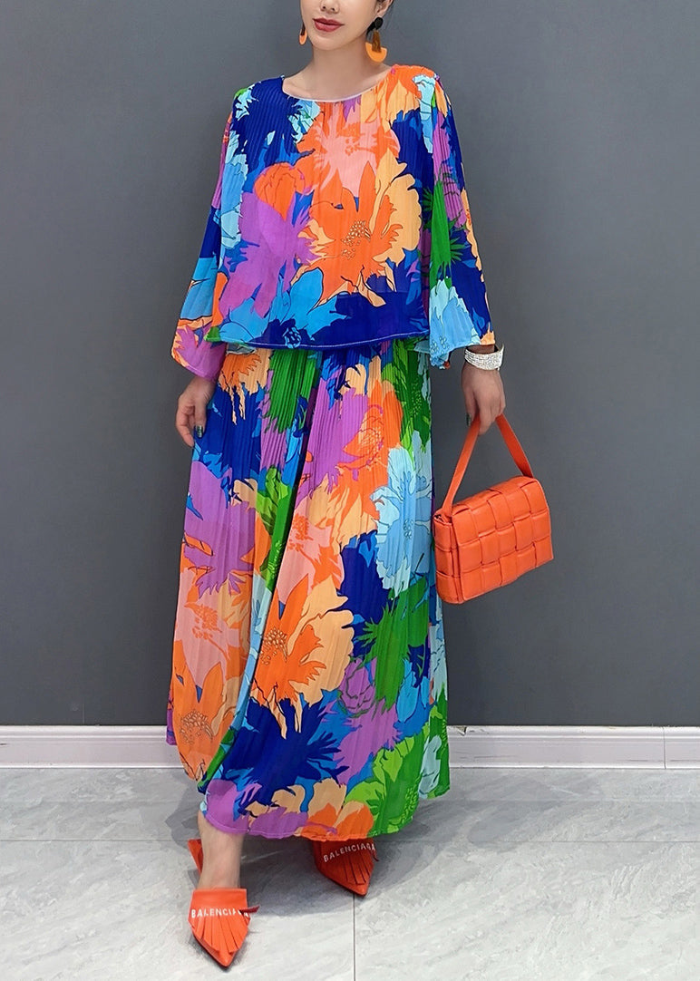 Organic Rainbow O-neck Print Top and Wide Leg Pants Two Piece Suit Set Fall Ao1052