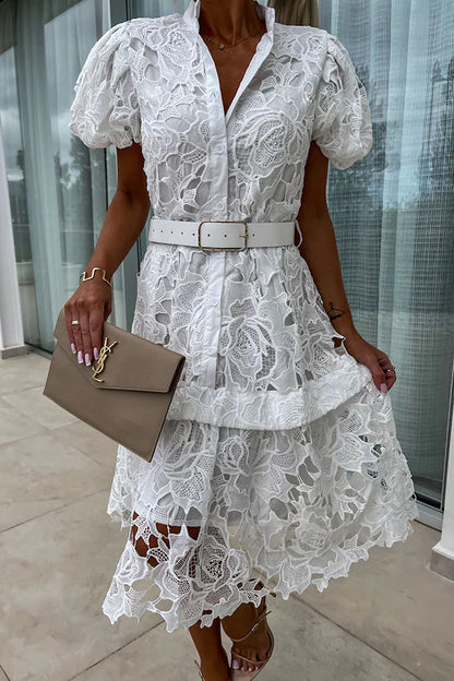 Absolutely Crochet Lace Puff Sleeve Belted Shirt Midi Dress
