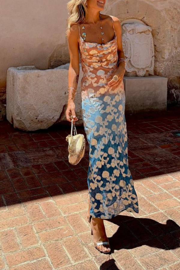 Tie Dye Ombre Gold Print Strappy Maxi Dress