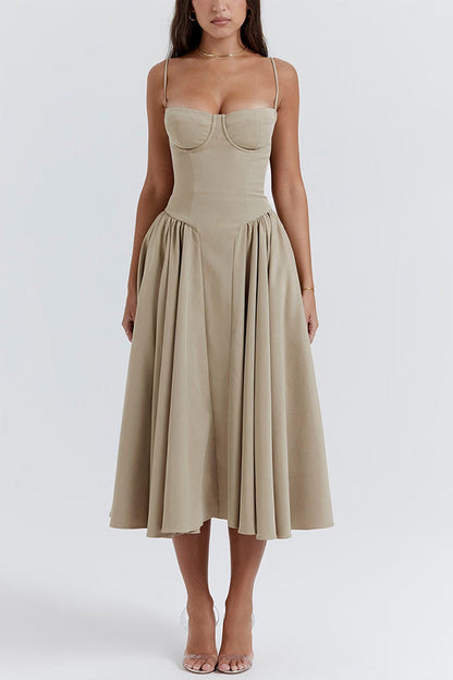Color Slim Fit Suspender Pocket Midi Dress