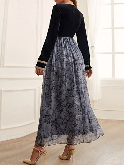 A-line High Waisted Embroidered Flower Print Split-joint V-neck Maxi Dresses