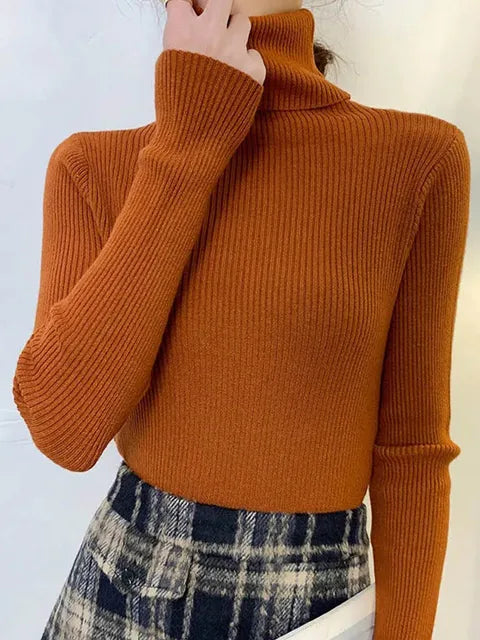New Pullover Turtleneck Sweater Autumn Long Sleeve Slim Elastic Korean Simple Basic Jumper Color Top