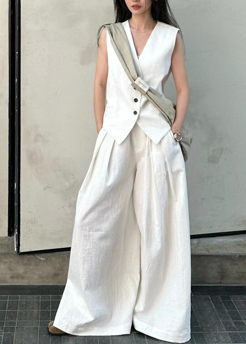 Vogue White V Neck Button Linen Waistcoat and Wide Leg Pants Two Piece Set Summer An1030