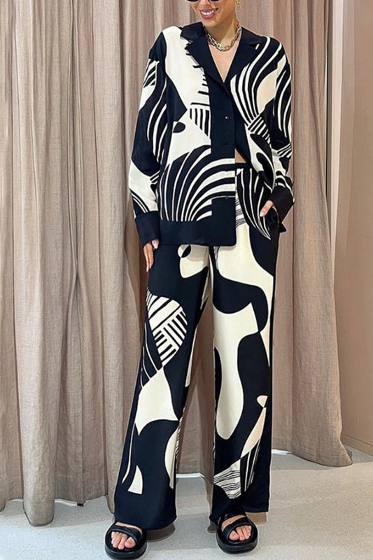 Black and White Printed Lapel Loose Two-piece Set