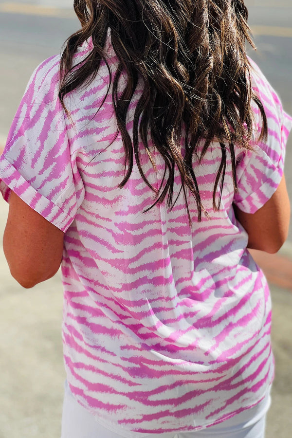 Rose Zebra Striped V-neck Rolled-up Sleeve Blouse
