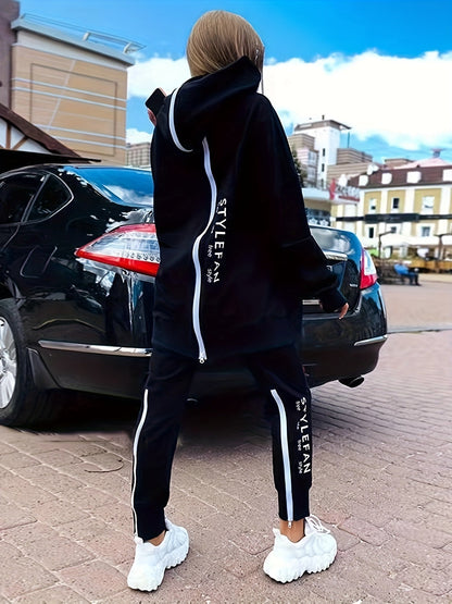 Zipper Back Drop Shoulder Hoodie & Elastic Waist Pants Outfits Fy8741