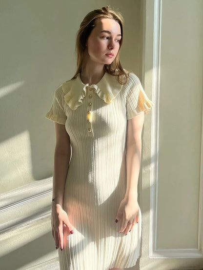 Ruffled Knit High Waist Mini Dress ’s Color Slim Fit Retro Single Breasted Short Sleeve Mini Dress