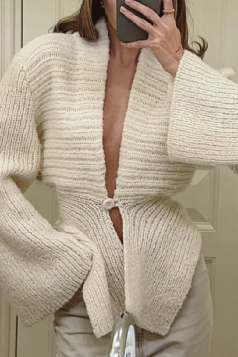 Retro V Neck Asymmetric Hem Knit Cardigan